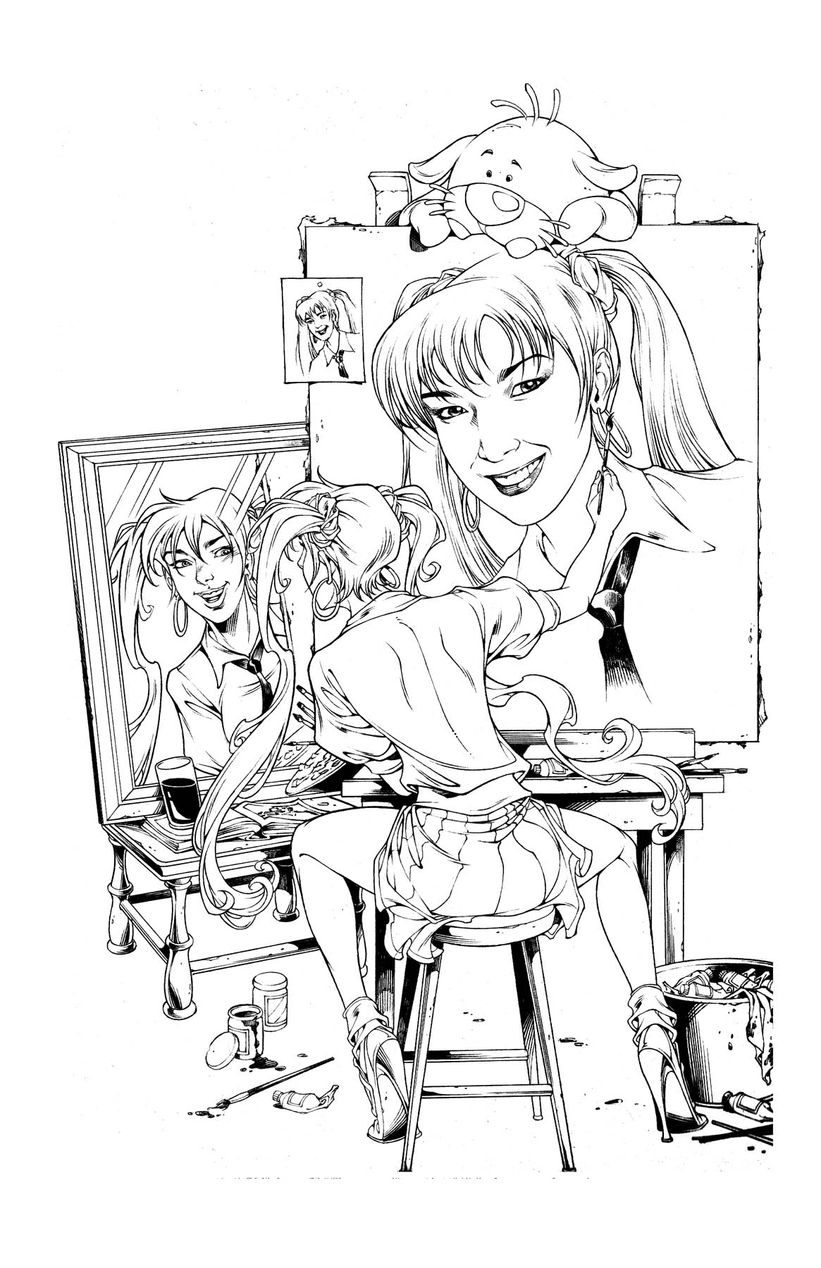 BANZAI GIRL: SELF-PORTRAIT IN THREES! (Line Art) by Jinky Coronado