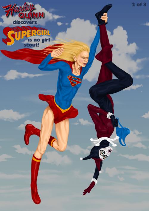 Supergirl goes commando on Harley Quinn.