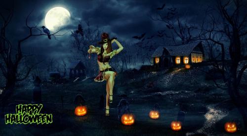 Happy Halloween Witchy Woman Her House & Yard on the Hill